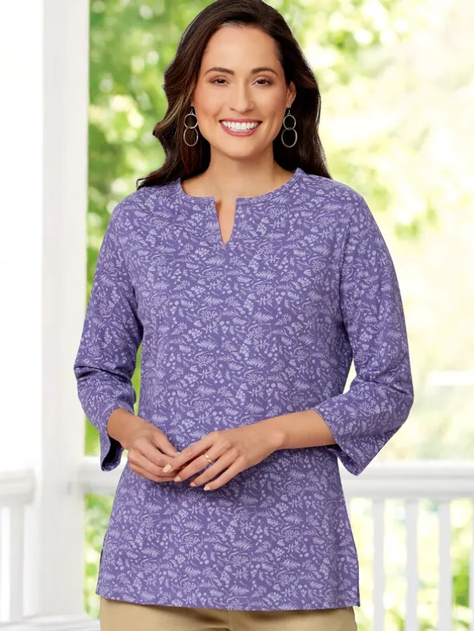 Women's Purple Notch-Neck Printed Cotton Jersey Tunic, Three Quarter Sleeve