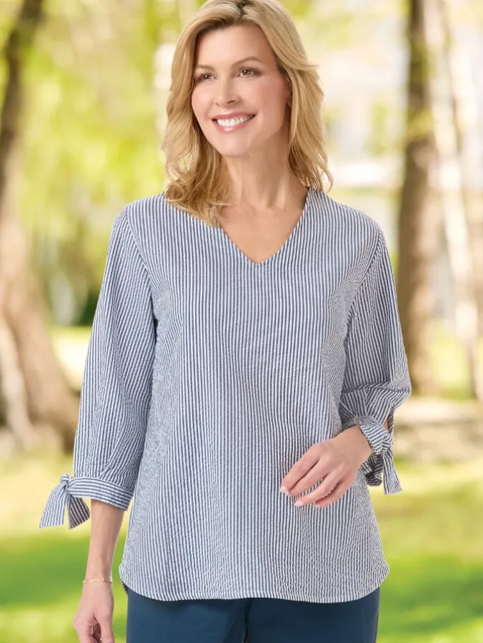 Women's Seersucker Tunic With Tie Cuffs