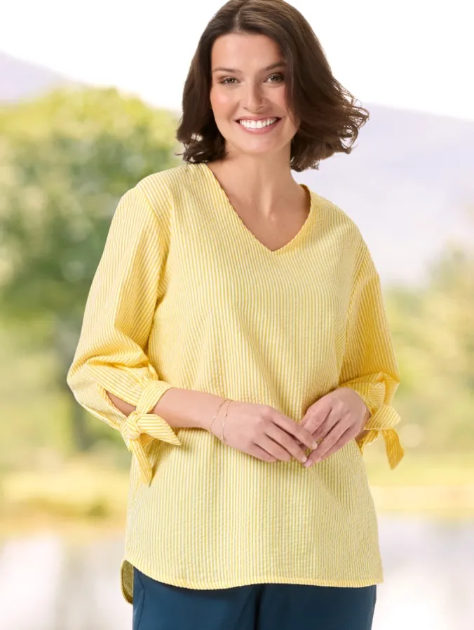 Women's Seersucker Tunic With Tie Cuffs