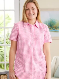Women's Short-Sleeve Cotton Seersucker Popover Top