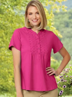Women's Short-Sleeve Eyelet Henley Cotton Tunic