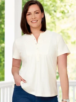 Women's Short-Sleeve Eyelet Henley Cotton Tunic