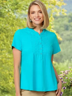 Women's Short-Sleeve Eyelet Henley Cotton Tunic