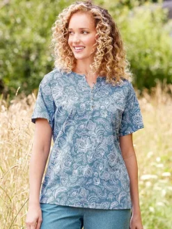 Women's Short-Sleeve Garment-Washed Paisley Cotton Henley