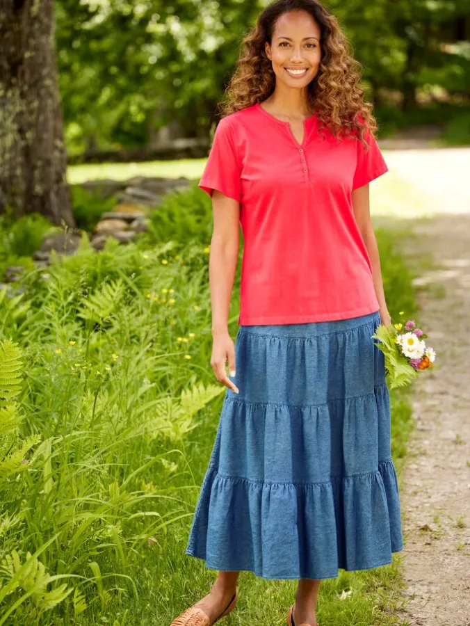 Women's Short-Sleeve Garment-Washed Cotton Henley