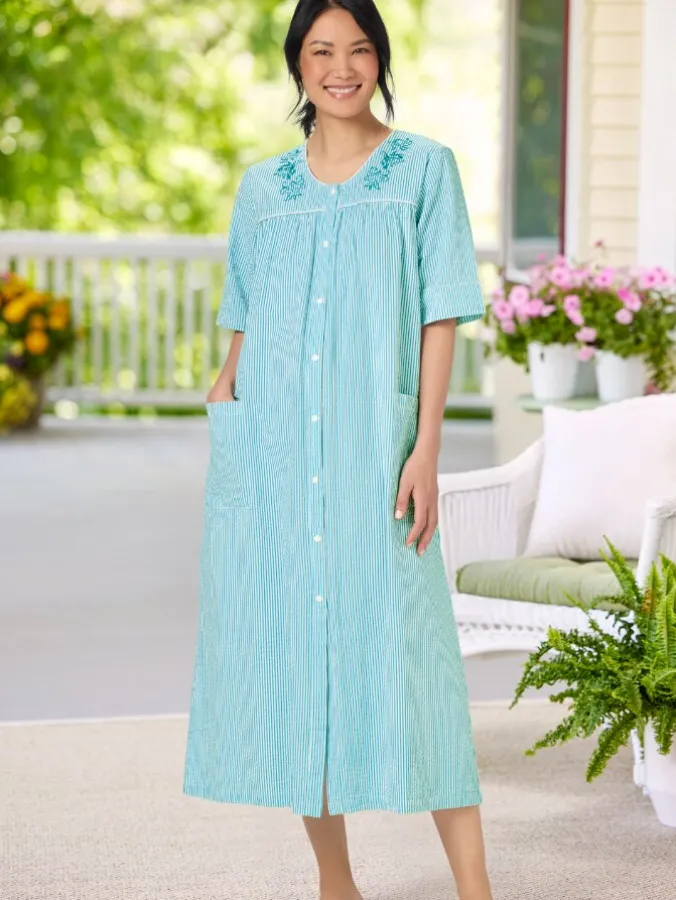 Women's Snap-Front Embroidered Cotton Seersucker Robe
