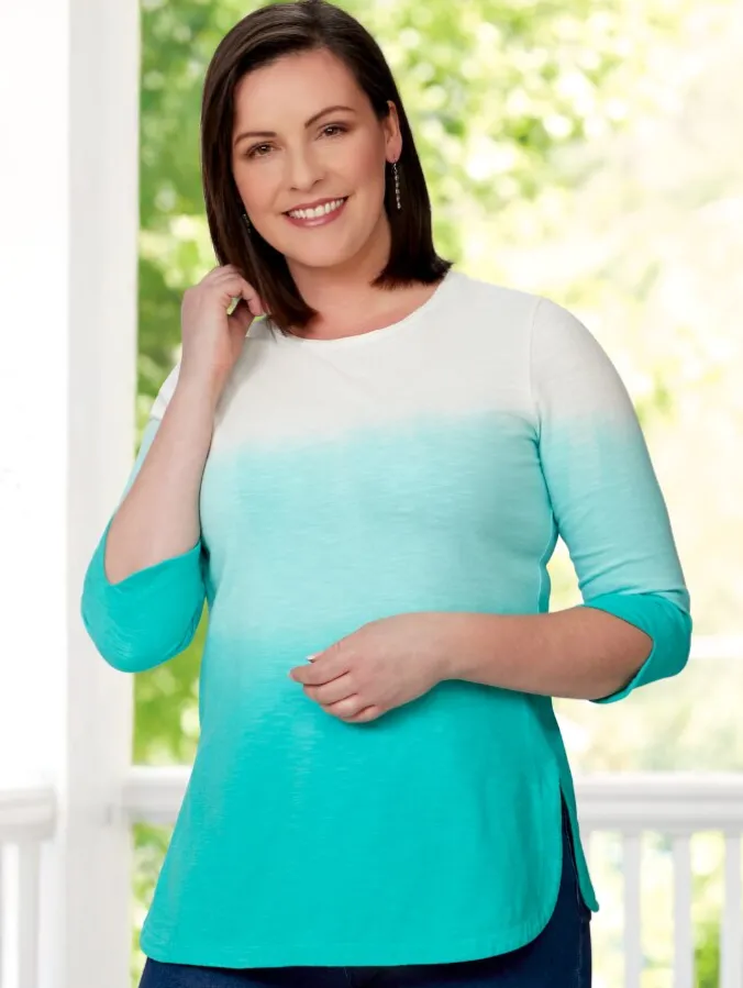 Women's Turquoise Ombre Cotton Top With 3/4 Sleeves