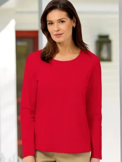Women's USA Cotton Crewneck Long-Sleeve Tee in Deep Red or Light Blue