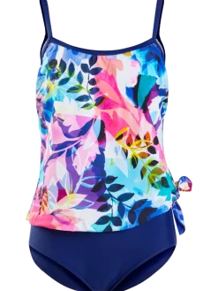 Women's Watercolor Garden Faux Tankini One-Piece Swimsuit